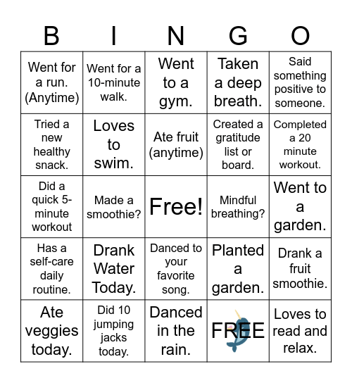 Narwhal Healthy Habit Bingo Card
