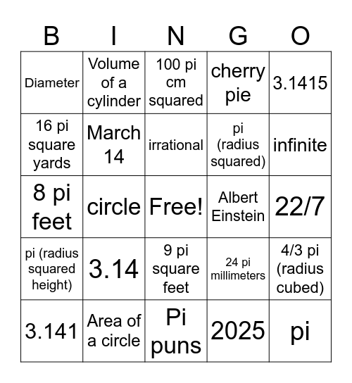 Pi Day Bingo Card