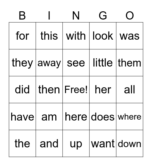 Sight Words Bingo Card