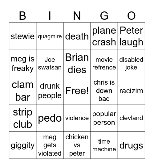 family guy bingo Card