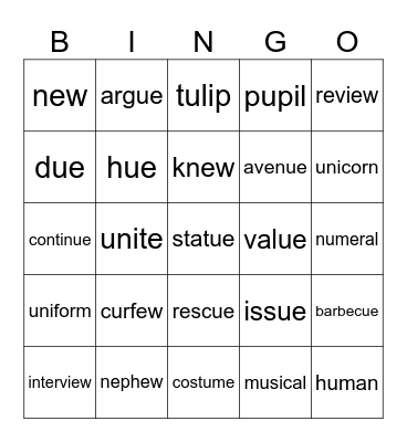 Long U Bingo Card