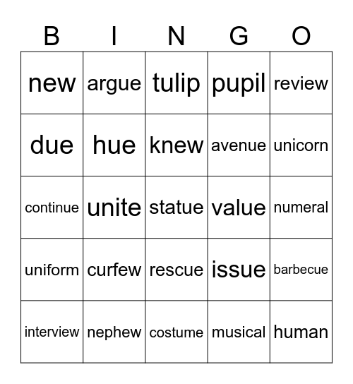 Long U Bingo Card