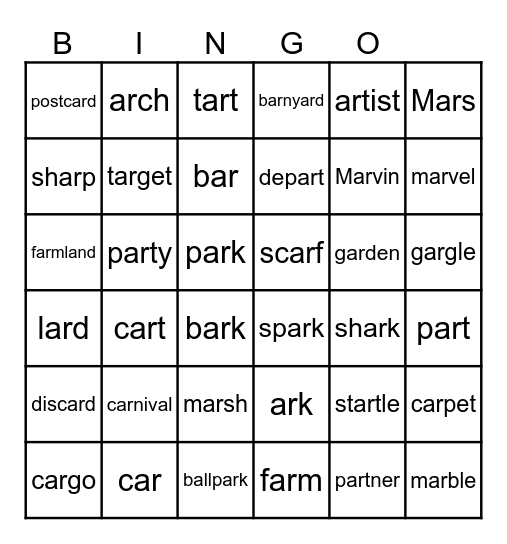 Lesson 77 - Words with ar /ar/ Bingo Card