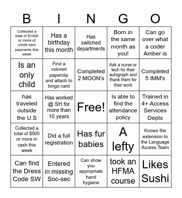 Access Services Week Bingo Card
