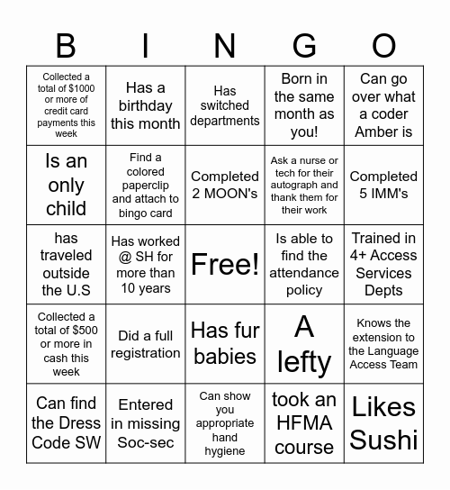 Access Services Week Bingo Card