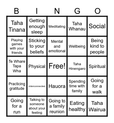 Hauora Bingo Card
