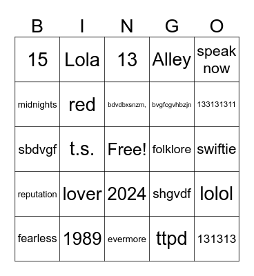 taylor swift bingo Card
