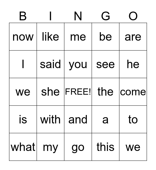 Kindergarten Sight Word Bingo Card