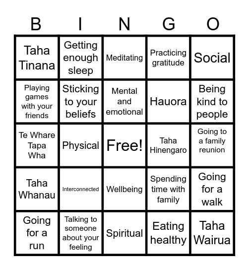 Hauora Bingo Card