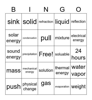 Matter, Force, Motion and Energy Bingo Card