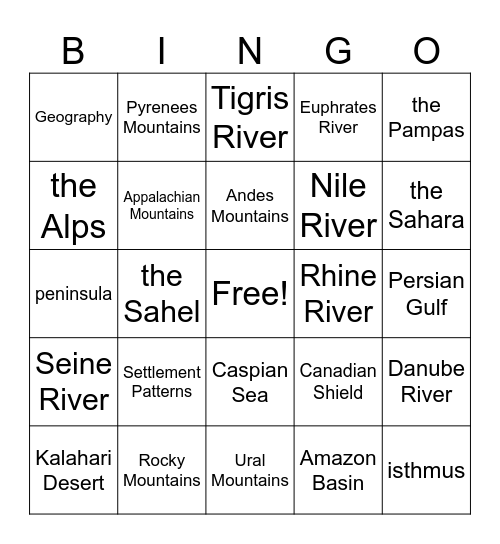 Geography BINGO!! Bingo Card