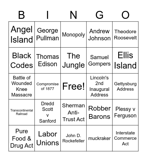 EOC Review: SSUSH10-SSUSH13 Bingo Card