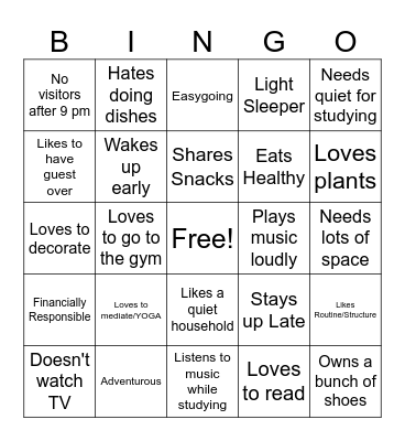 Roommate Mixer Bingo Card