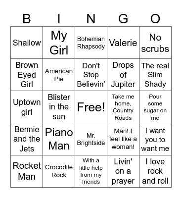 Piano Bar Songs Bingo Card