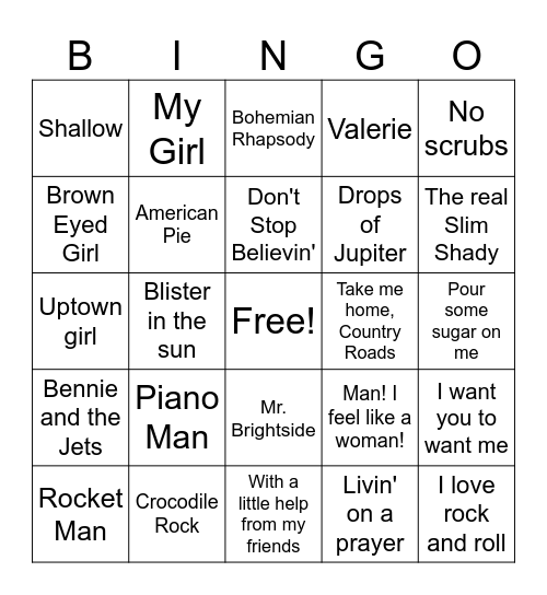 Piano Bar Songs Bingo Card