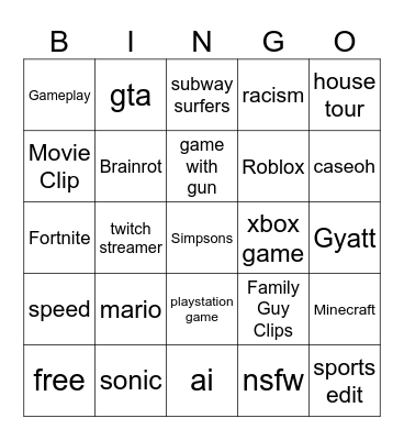 Yt shorts bingo Card