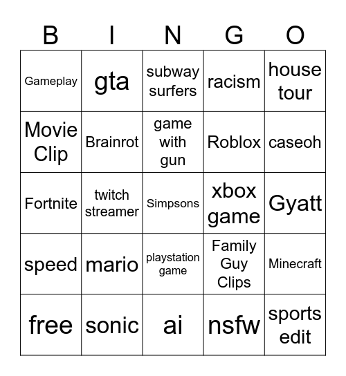 Yt shorts bingo Card