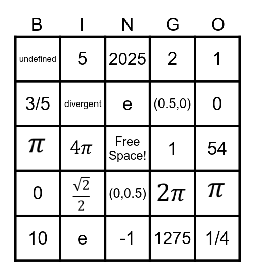 12th Grade MATH Bingo Card