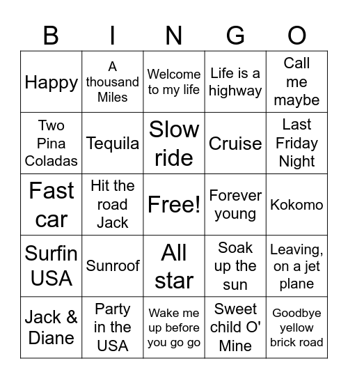 Road Trip/ Vacation Songs Bingo Card