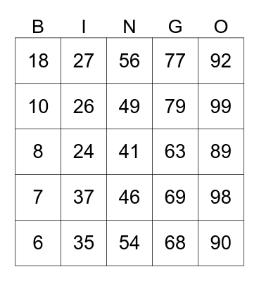 Number Bingo Card