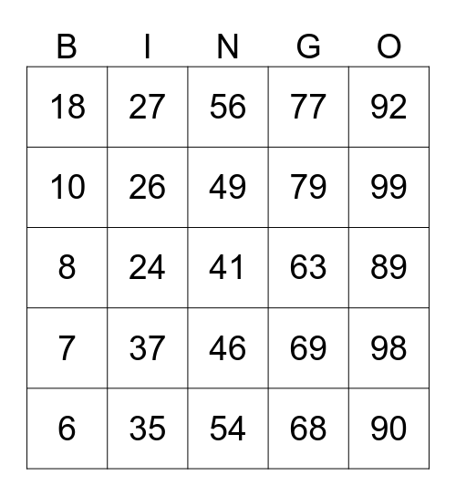 Number Bingo Card