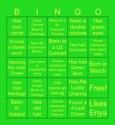 St. Patrick's Day Find Someone Who Bingo Card