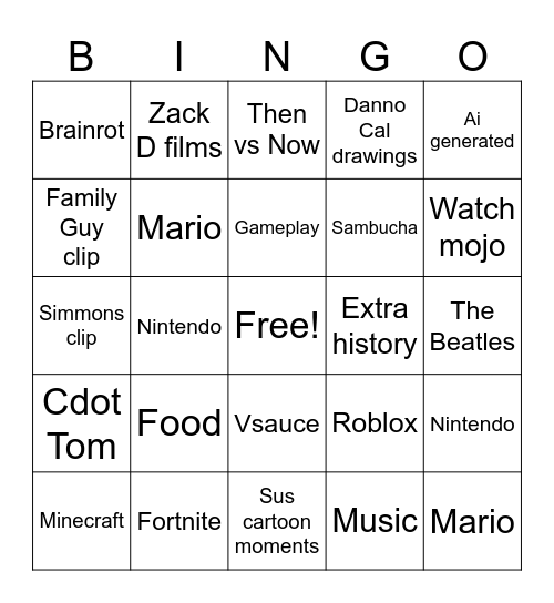 YouTube Shorts Bingo Card