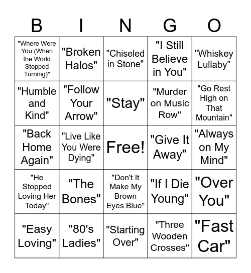 CMA Song of the year Bingo Card
