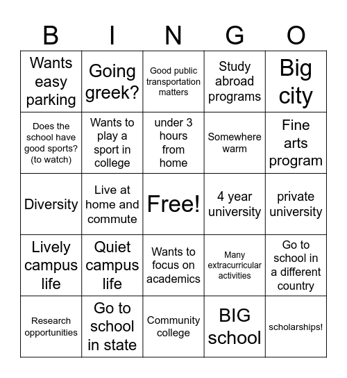 Think College! Bingo Card