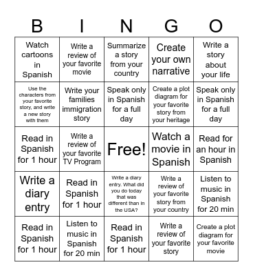 Spanish Homework Bingo Card
