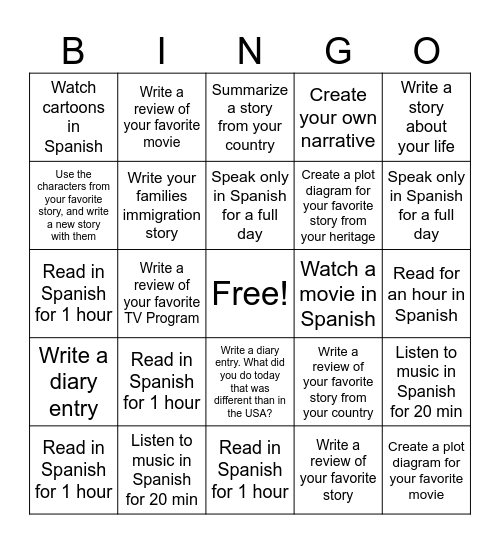 Spanish Homework Bingo Card