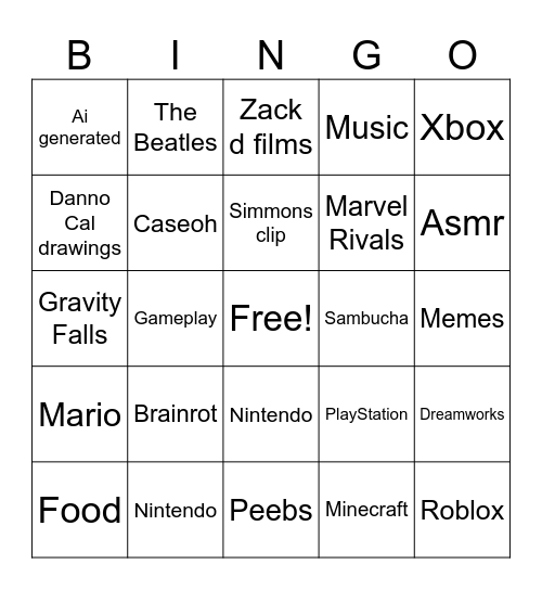 YouTube  shorts bingo Card