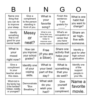 Slicer Mental Health Bingo Card