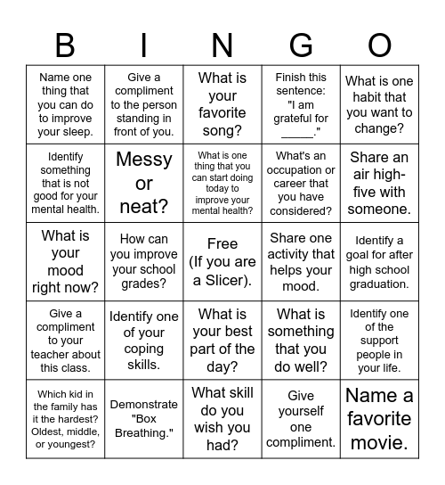 Slicer Mental Health Bingo Card