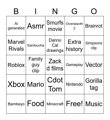 YouTube shorts bingo Card