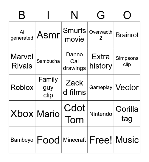 YouTube shorts bingo Card