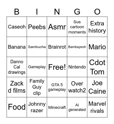 YouTube shorts bingo Card