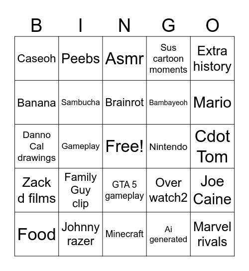 YouTube shorts bingo Card