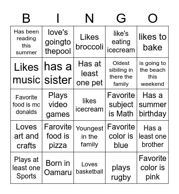 All About Me Bingo Card