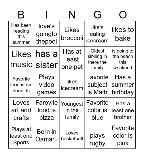 All About Me Bingo Card