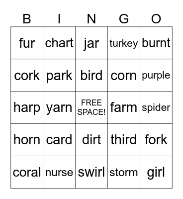 "R" CONTROLLED VOWEL BINGO Card
