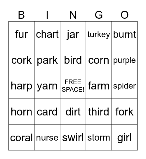"R" CONTROLLED VOWEL BINGO Card