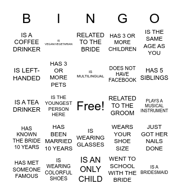 Bridal Bingo Card