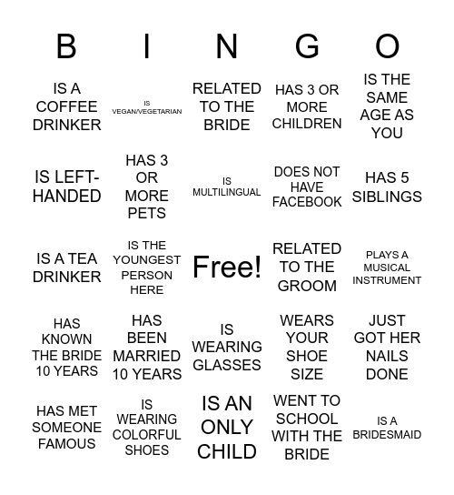 Bridal Bingo Card