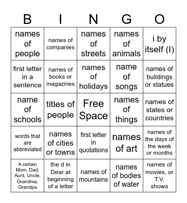 Capitalization Bingo Card
