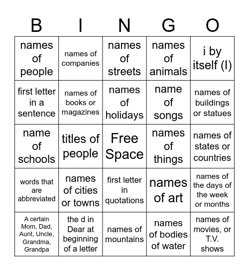 Capitalization Bingo Card