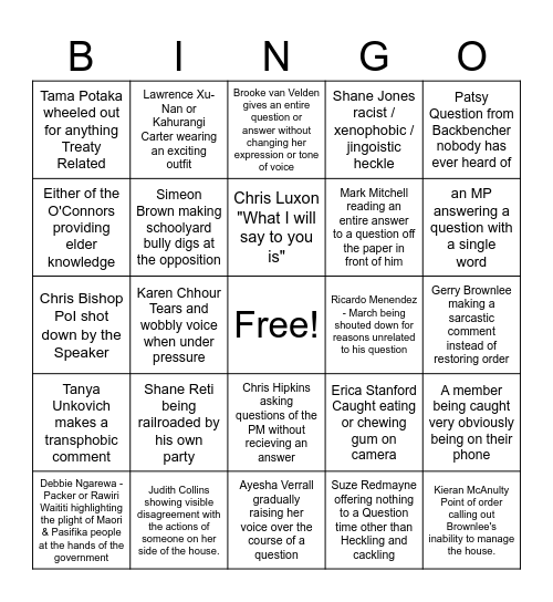 54th Government Question Time Bingo Card