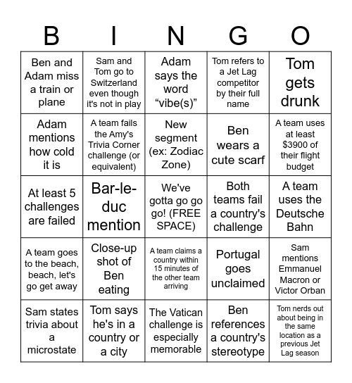 Jet Lag Season 13 Bingo Card