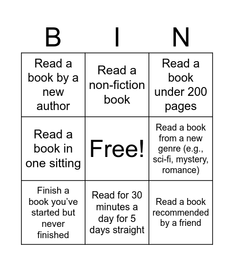 Reading Bingo Card