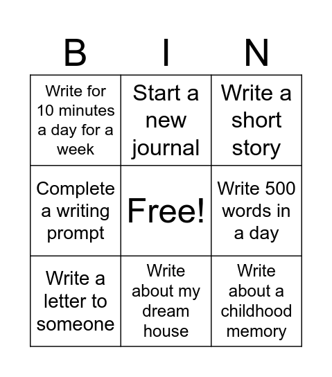 Writing Bingo Card